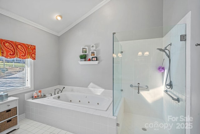 bathroom featuring a tub with jets, tile patterned flooring, vaulted ceiling, crown molding, and a shower stall