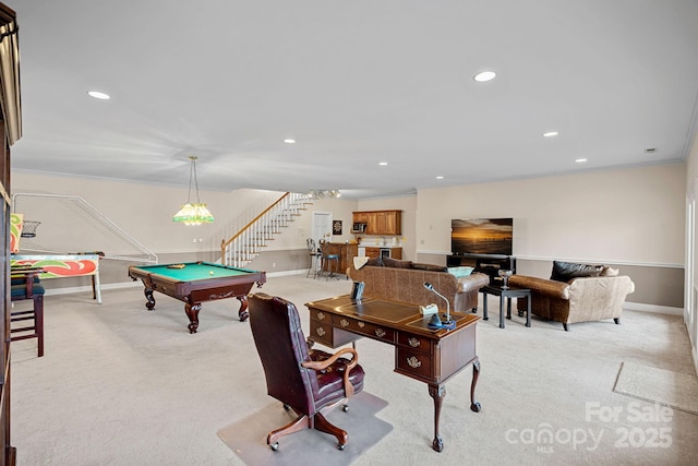 playroom with recessed lighting, billiards, baseboards, and light colored carpet