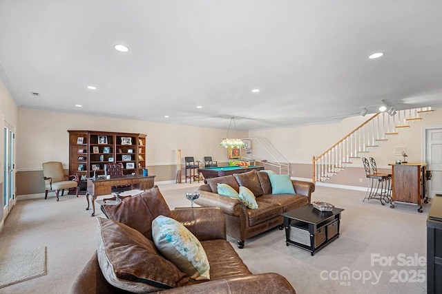 living room featuring recessed lighting, light colored carpet, billiards, and stairs