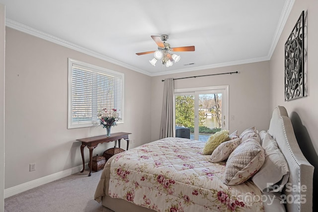 carpeted bedroom featuring visible vents, baseboards, a ceiling fan, ornamental molding, and access to exterior