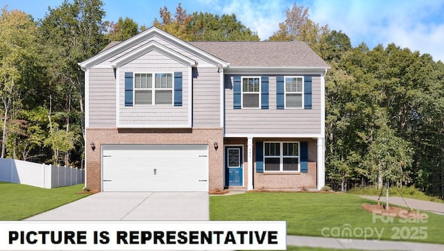 view of front of home with concrete driveway, an attached garage, fence, a front lawn, and brick siding