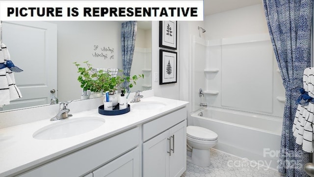 bathroom with toilet, double vanity, shower / bath combo with shower curtain, and a sink