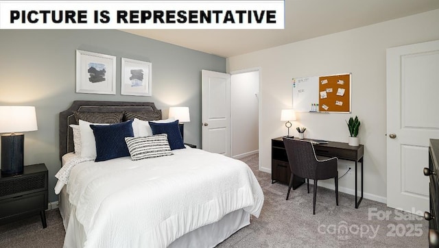 bedroom featuring baseboards and light colored carpet