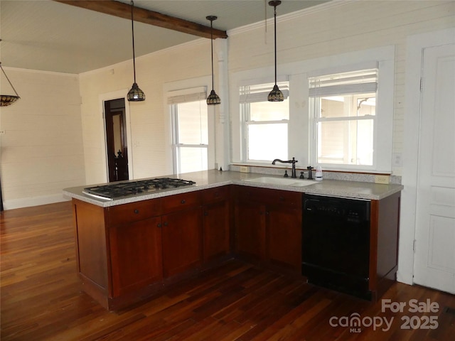 kitchen with a sink, stainless steel gas stovetop, dark wood-style flooring, and dishwasher