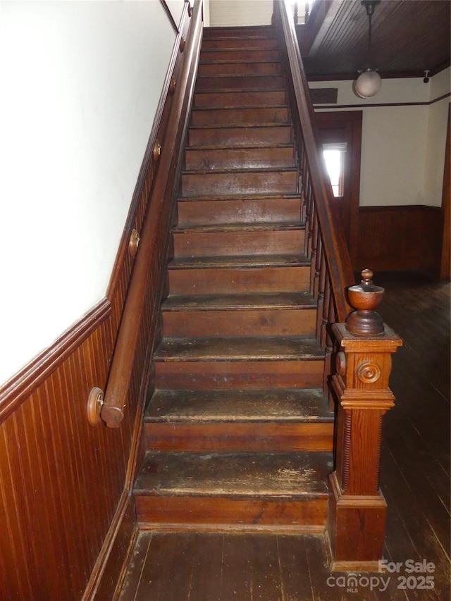 stairs featuring wood-type flooring, wainscoting, and wood walls