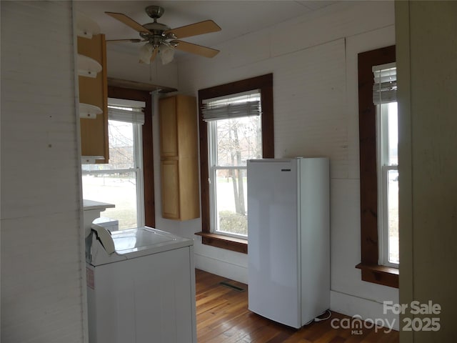 laundry area featuring a healthy amount of sunlight, washer / dryer, laundry area, and light wood-style floors