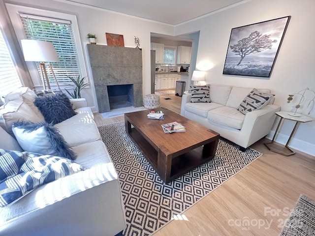 living room featuring light wood-style floors, crown molding, a fireplace, and baseboards