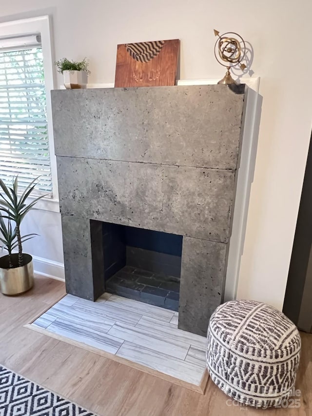 interior details with baseboards, wood finished floors, and a high end fireplace