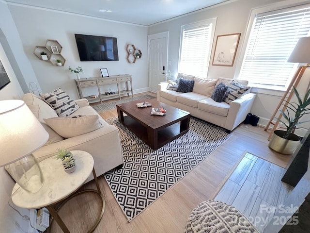 living room featuring crown molding, baseboards, and wood finished floors