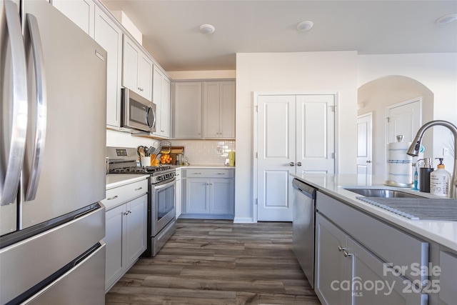 kitchen with gray cabinetry, stainless steel appliances, a sink, light countertops, and tasteful backsplash