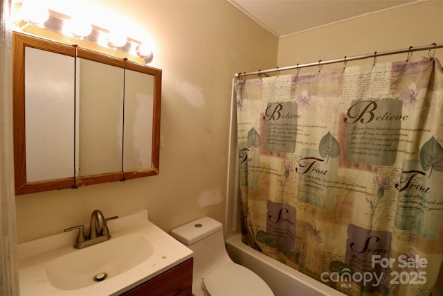 bathroom featuring toilet, vanity, and shower / tub combo with curtain