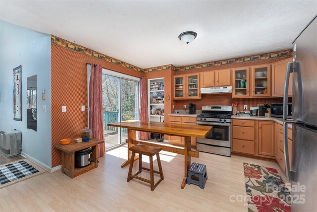 kitchen featuring stainless steel appliances, light countertops, under cabinet range hood, and light wood-style floors