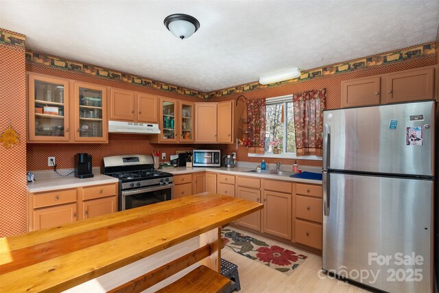 kitchen with stainless steel appliances, a sink, butcher block countertops, glass insert cabinets, and under cabinet range hood