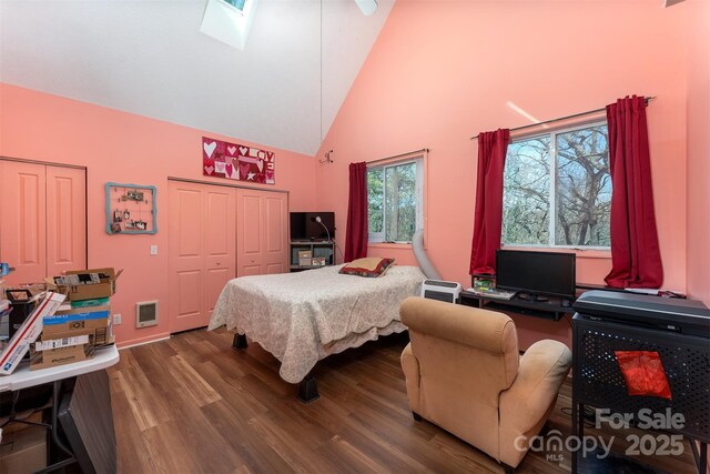 bedroom with dark wood-type flooring, multiple closets, a skylight, and high vaulted ceiling