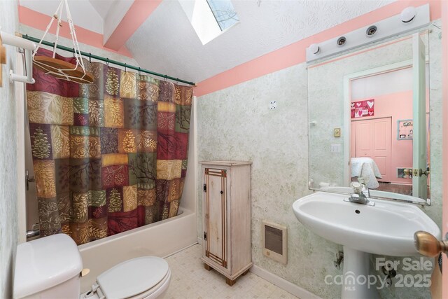full bath featuring tile patterned floors, a skylight, shower / bathtub combination with curtain, toilet, and visible vents