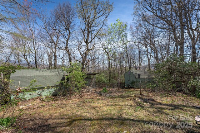 view of yard with a storage shed and an outbuilding