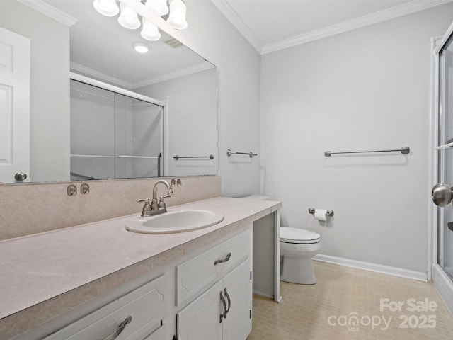 full bath with visible vents, toilet, ornamental molding, a shower with shower door, and vanity