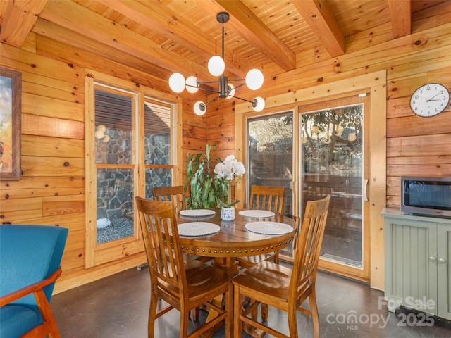 dining area featuring wooden ceiling, wooden walls, and beamed ceiling