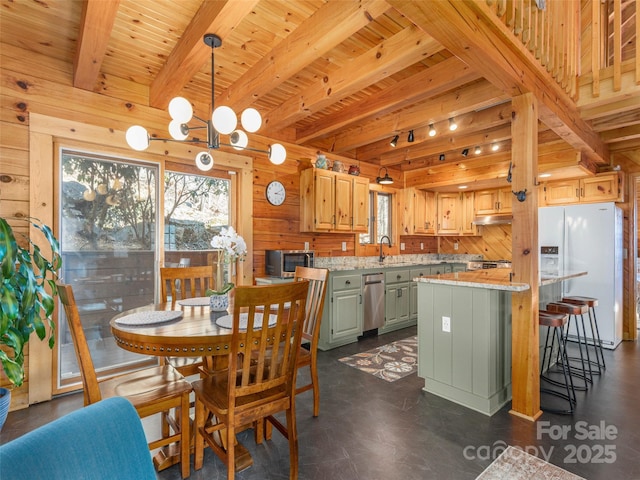 dining area with wooden ceiling, plenty of natural light, wooden walls, and beamed ceiling