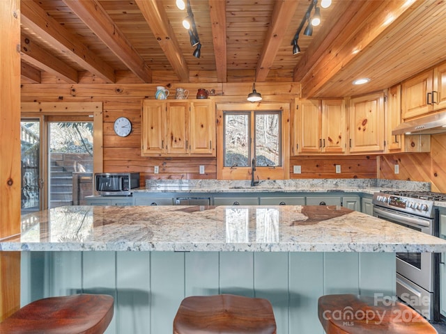 kitchen featuring wood ceiling, appliances with stainless steel finishes, light stone countertops, and under cabinet range hood