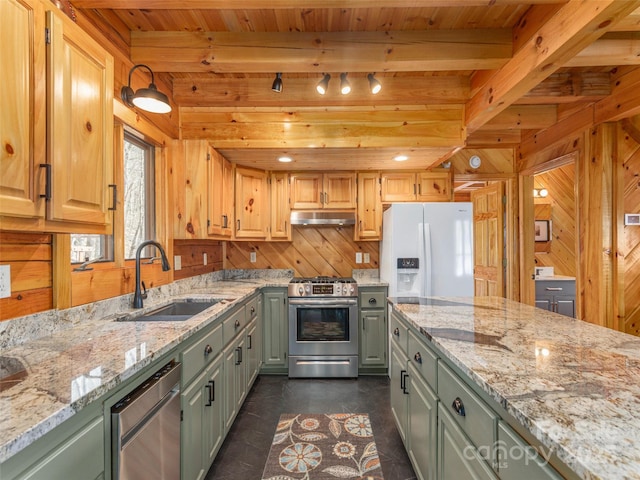 kitchen with wooden walls, appliances with stainless steel finishes, a sink, and under cabinet range hood