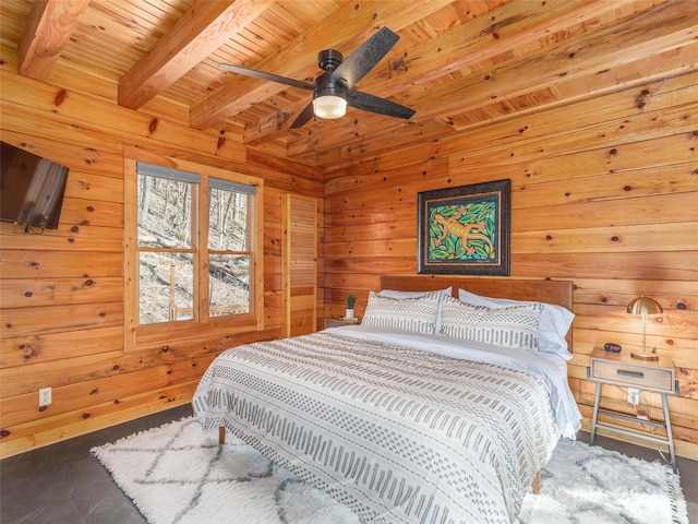 bedroom with beamed ceiling, wooden ceiling, a ceiling fan, and wooden walls