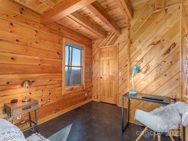 bedroom featuring wood ceiling, wood walls, beam ceiling, and finished concrete floors