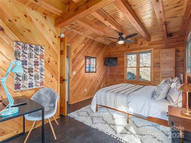 bedroom with wood ceiling, wooden walls, and beam ceiling