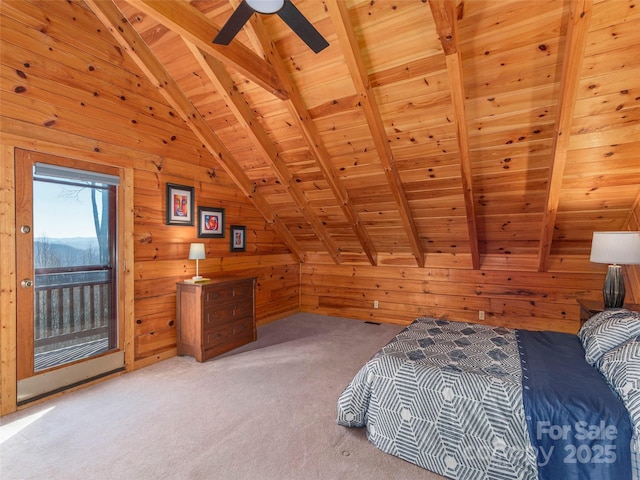 unfurnished bedroom with lofted ceiling with beams, wooden ceiling, wood walls, carpet flooring, and access to outside