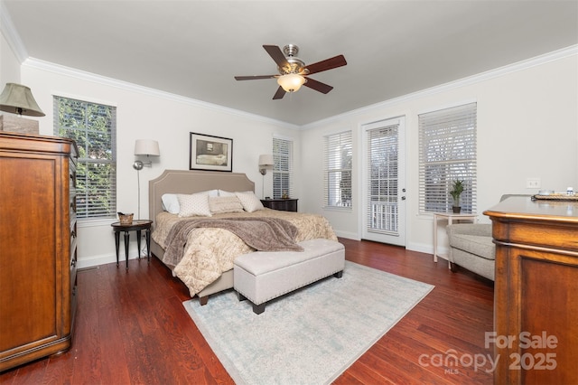 bedroom with access to exterior, baseboards, ornamental molding, and dark wood-type flooring