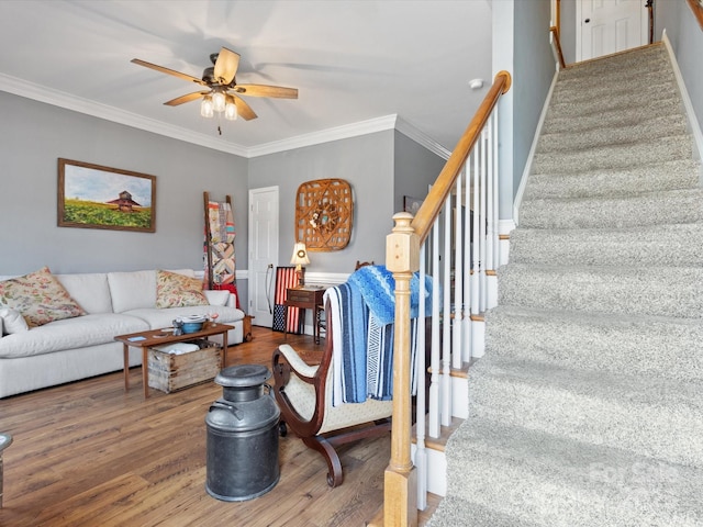 living room with stairs, ceiling fan, wood finished floors, and crown molding