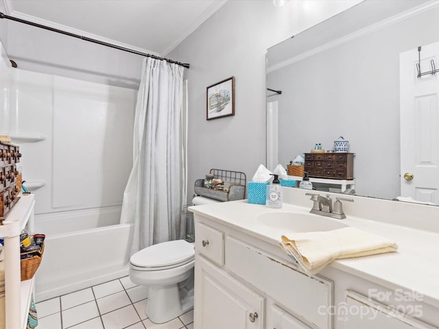 bathroom featuring tile patterned flooring, toilet, vanity, ornamental molding, and shower / tub combo with curtain