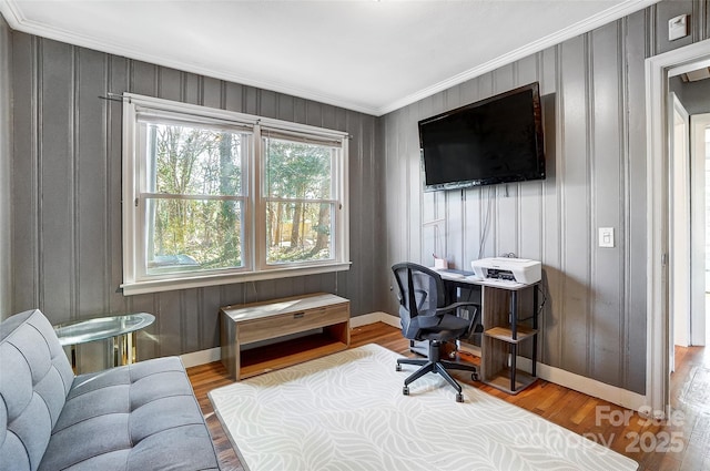 office with crown molding, baseboards, and wood finished floors