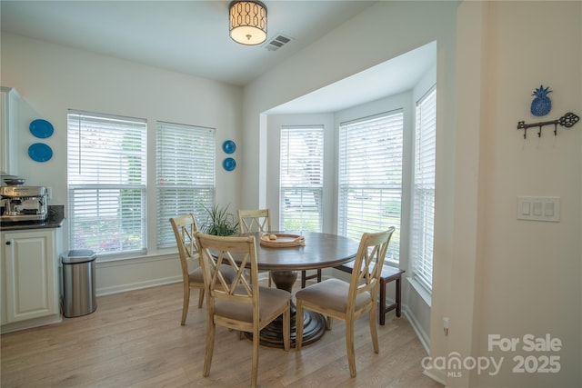 dining room with visible vents, light wood-style flooring, and baseboards