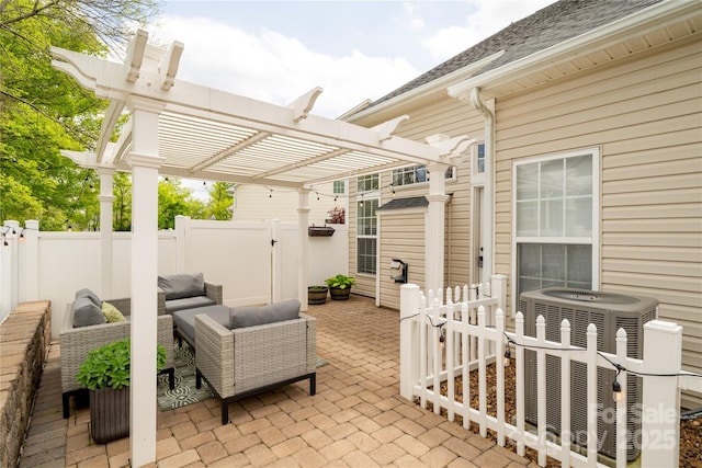 view of patio with a fenced backyard, outdoor lounge area, central air condition unit, and a pergola