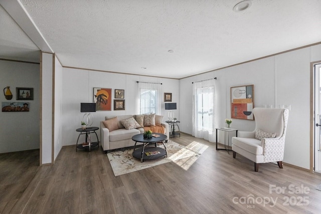 living area featuring crown molding, a textured ceiling, and wood finished floors