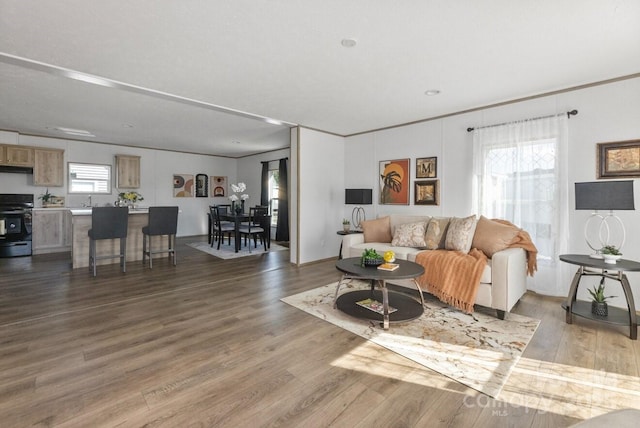 living room featuring a wealth of natural light, ornamental molding, and wood finished floors