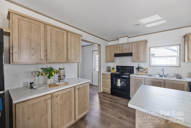 kitchen with black / electric stove, light countertops, light brown cabinetry, under cabinet range hood, and a sink