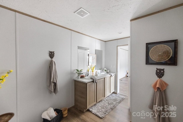 bathroom with a textured ceiling, visible vents, wood finished floors, and vanity