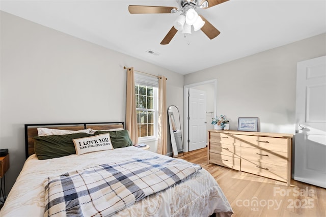 bedroom with visible vents, ceiling fan, and light wood finished floors