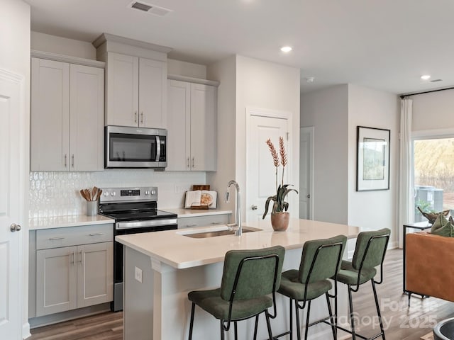 kitchen featuring tasteful backsplash, visible vents, a kitchen island with sink, stainless steel appliances, and a sink