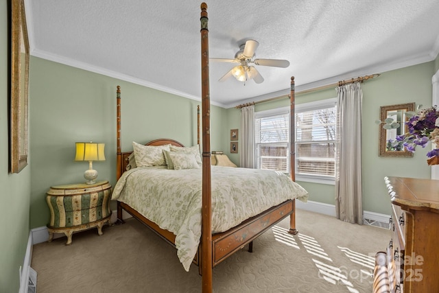 bedroom with light carpet, ornamental molding, a textured ceiling, and baseboards