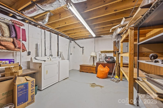 unfinished basement featuring independent washer and dryer and electric panel