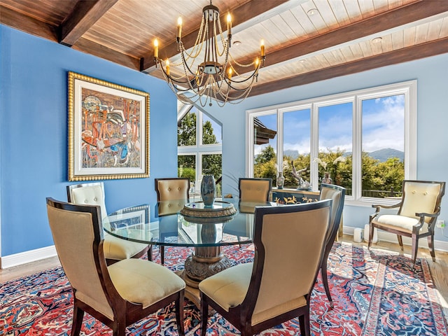 dining space with beamed ceiling, wooden ceiling, wood finished floors, and a notable chandelier