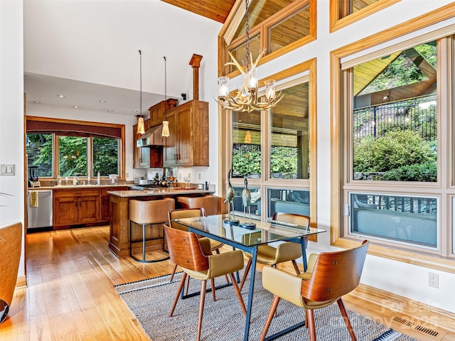 dining space featuring high vaulted ceiling, light wood finished floors, visible vents, and an inviting chandelier