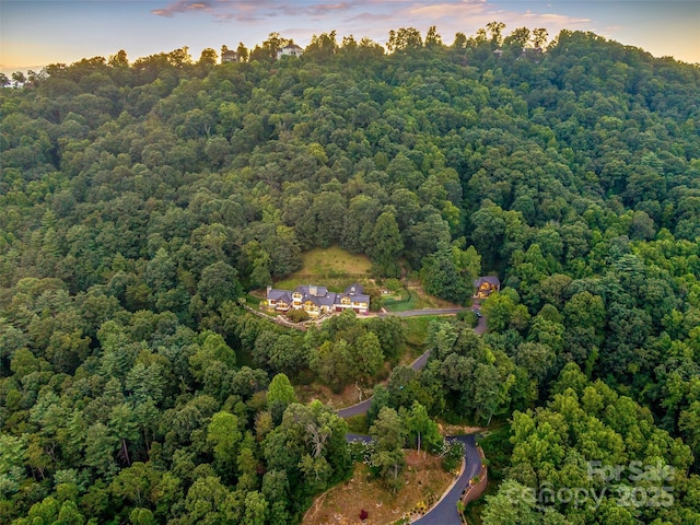 birds eye view of property featuring a forest view