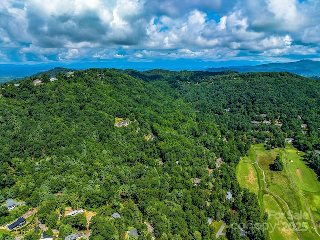 drone / aerial view featuring a mountain view and a wooded view