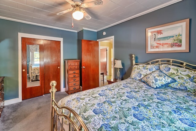 carpeted bedroom featuring a ceiling fan, a closet, and crown molding