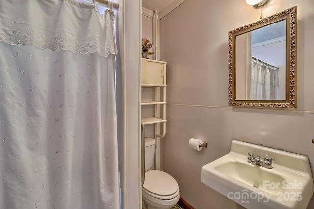 full bathroom with curtained shower, a sink, and toilet