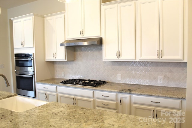 kitchen featuring light stone counters, tasteful backsplash, appliances with stainless steel finishes, a sink, and under cabinet range hood